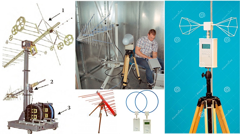 Ассорти изображений различных антенн и установок для теста экранированных помещений.