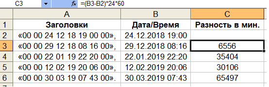 Рис. 13. Расчёт разности между временными значениями смежных заголовков в Excel.