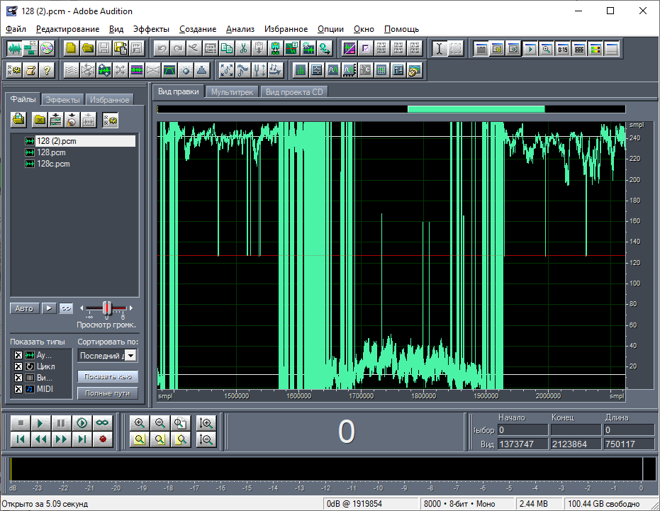 Рис. 16. Вид образа карты памяти в Adobe Audition, как знаковые PCM данные.