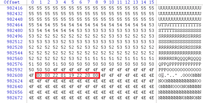 Рис. 3. Цепочка из 8 разных байтов.