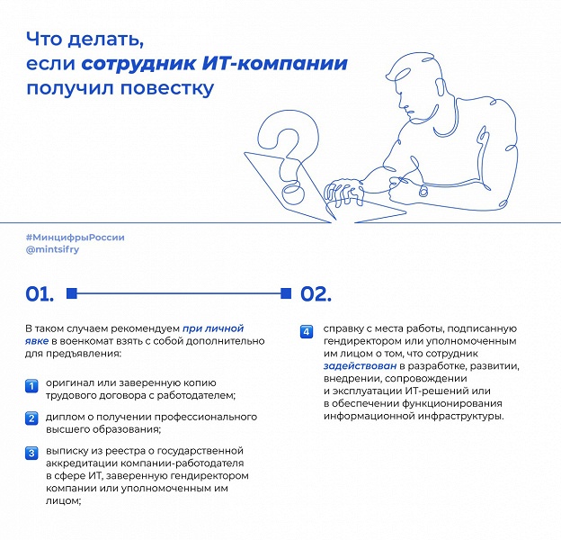 Что делать, если сотрудник аккредитованной IT-компании, соответствующий требованиям отсрочки, уже получил повестку? Рассказывает Минцифры