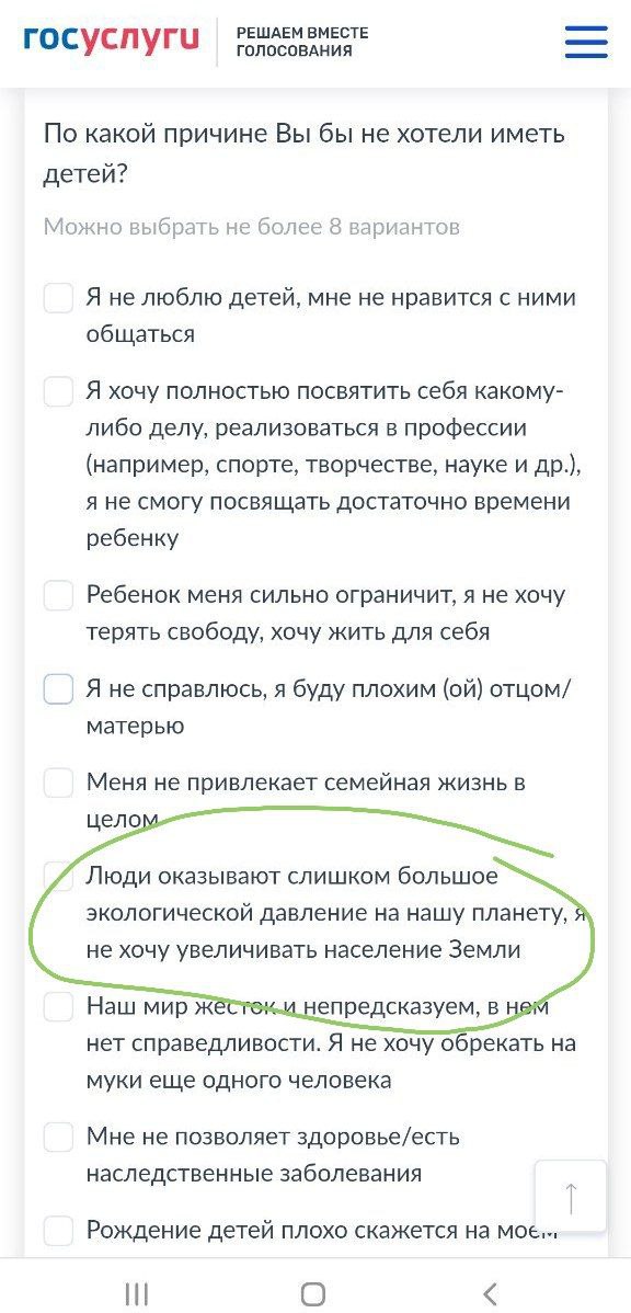 Присутствие климатической обеспокоенности среди причин не заводить детей в опросе на Госуслугах, подтверждает, что это достаточно распространённая маргинальная фобия и уже не где-то на западе, а здесь.