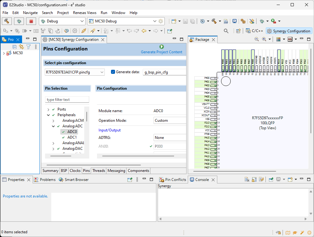 Вид окна IDE E2Studio