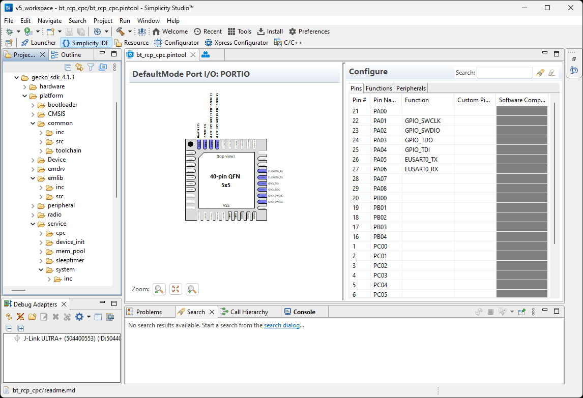 Вид окна IDE Simplicity Studio