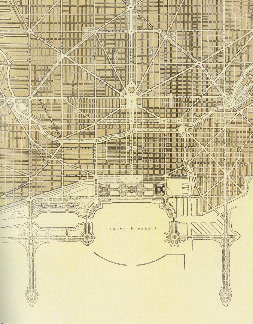 Предлагаемая сетка улиц в центре Чикаго. Хорошо видны диагонали-авеню, расходящиеся лучами из центральной площади, и бульвары между парками, полукольцом окружающие центр.