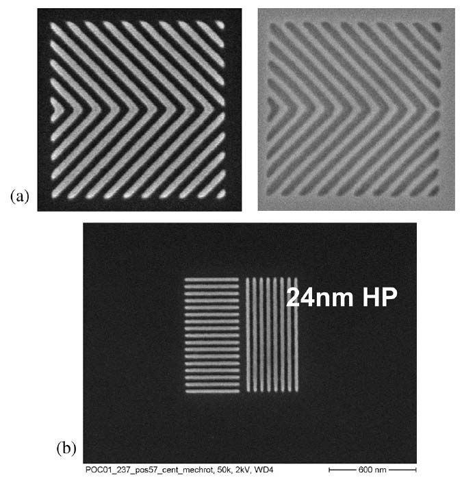 a) 30 нм +45 гр. -45 гр. позитивный HSQ резист (слева), негативный pCAR резист (справа), электронный луч сечением 20 нм, энергия электронов 50 кэВ,b) Горизонтальные и вертикальные периодические линии с полушагом 24 нм (HP, half pitch), энергия электронов 50 кэВ, электронный луч сечением 20 нм, апертура 4 мкм,