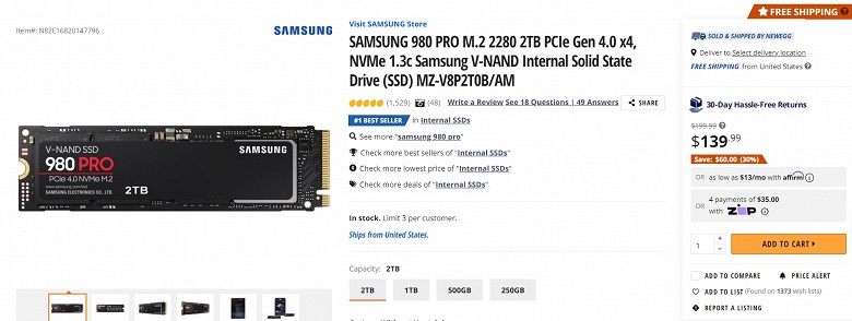 Флагманский SSD Samsung 980 Pro объёмом 2 ТБ отдают всего за 130 долларов