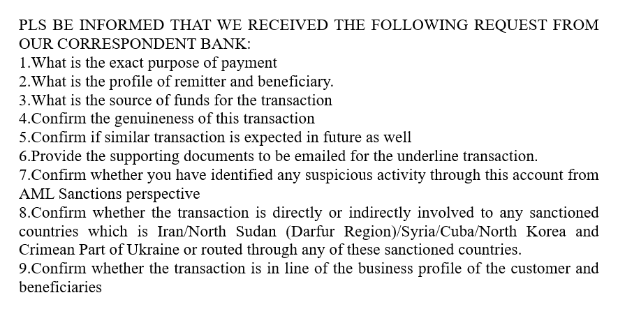 Пример запроса от банка-корреспондента в связи с отправкой валюты из России в ОАЭ: «поклянитесь кровью на этих девяти пунктах, что эти деньги чище, чем зарплата Папы Римского!»