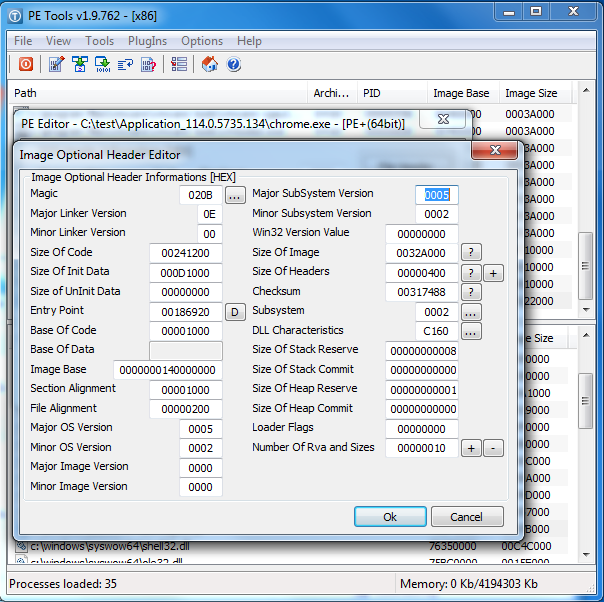 PETools. Редактирование значений Major/minor в Image Optional Header для одного из PE COFF файлов.
