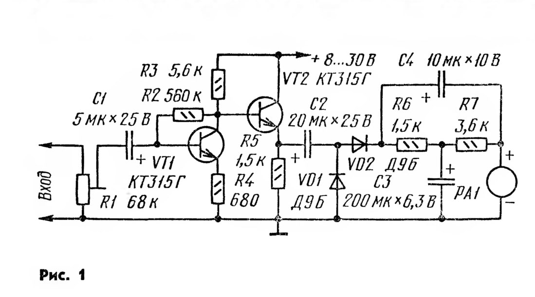 Схема измерителя уровня из журнала Радио №8 1986 (Стр. 46) 