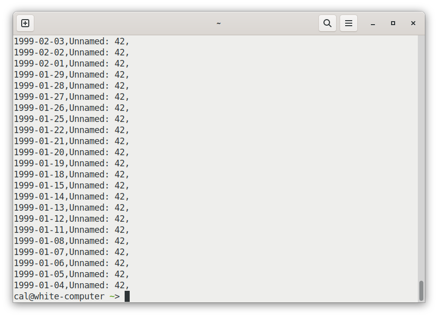 csv file in terminal with junk at the end