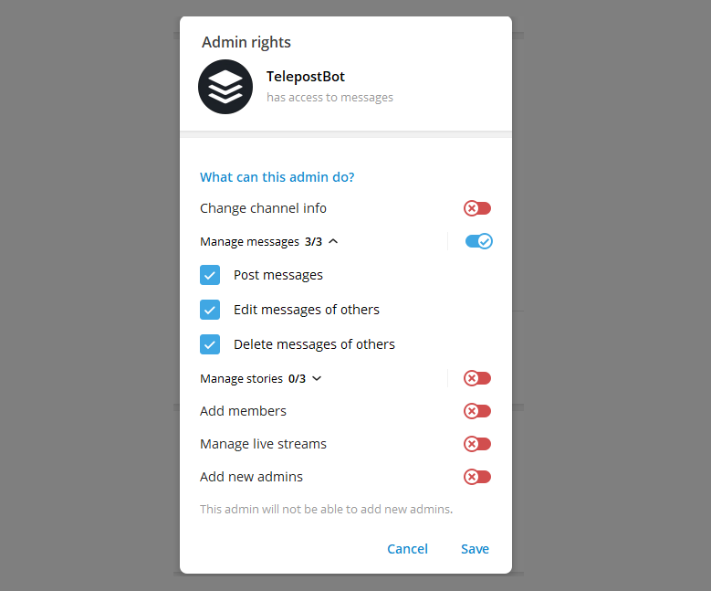 Редактирование прав из официального клиента Telegram