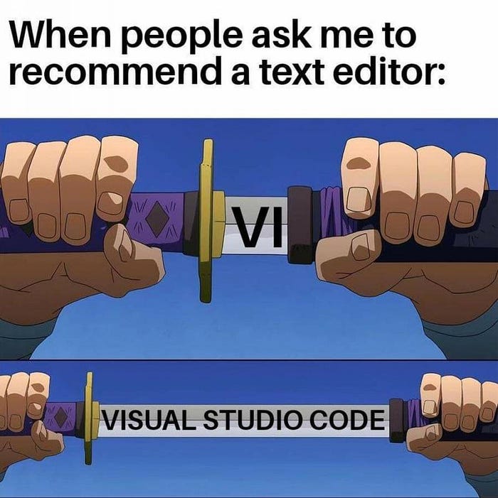 When people ask me to recommend a text editor: short sword=VI. long sword=Visual Studio Code