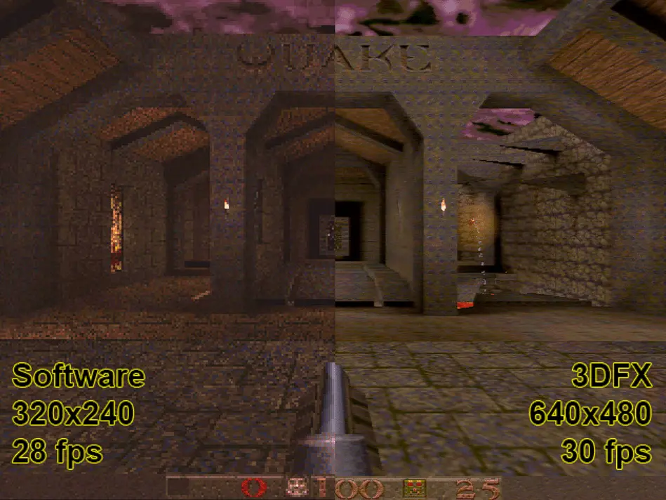 Справа - графон в Quake 1 на чипсете Voodoo, слева - без оного. Как говорится, почувствуйте разницу.  