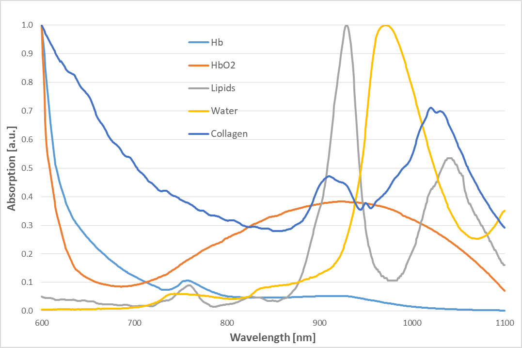 Спектры поглощения ближнего инфракрасного излучения различными веществами в тканях. Источник.