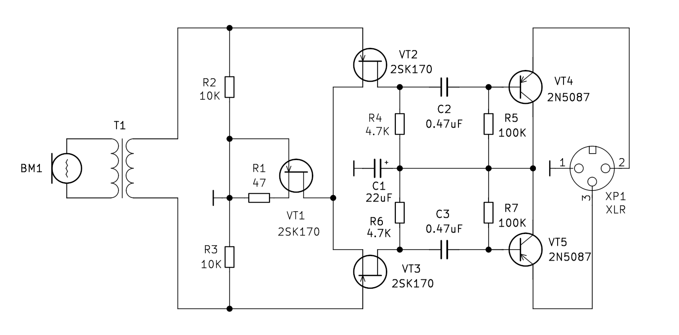 Схема предусилителя  для ленточного микрофона с фантомным питанием. (с)Beermonza с моими изменениями