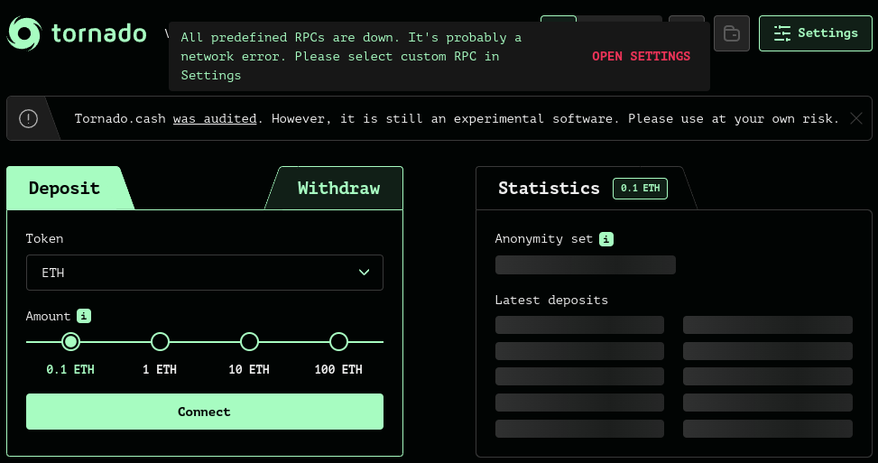 Пользовательский интерфейс Tornado Cash до ввода санкций против сервиса. Изображение любезно предоставлено Wayback Machine.