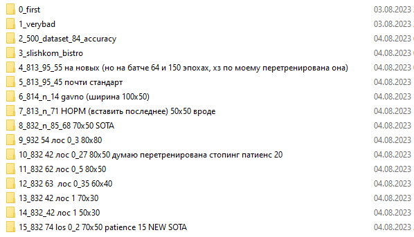 Неудачные эксперименты. Формат: №, количество картинок для обучения, итоговая точность и параметры