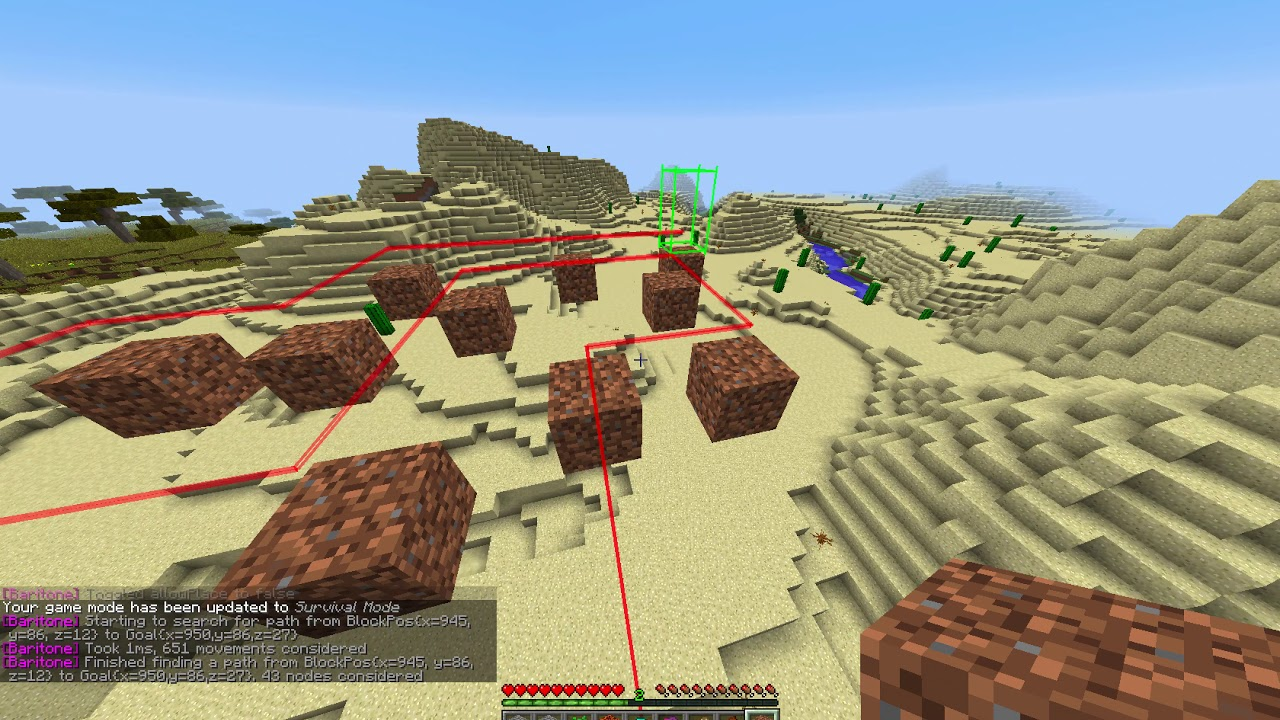 Визуализация маршрута, построенного Baritone в Minecraft