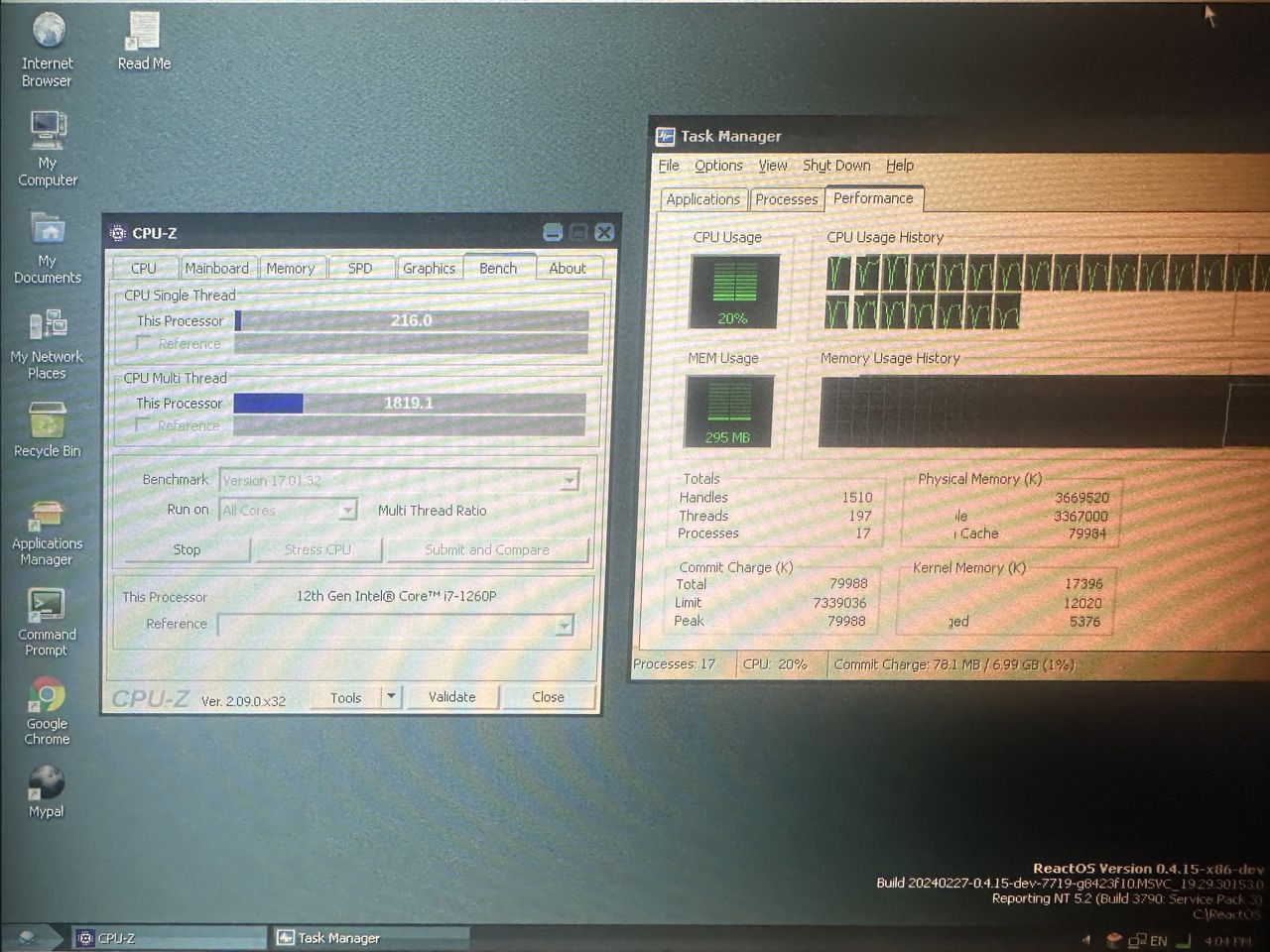 ReactOS SMP 32-бит, показывающий результаты теста с помощью CPU-Z