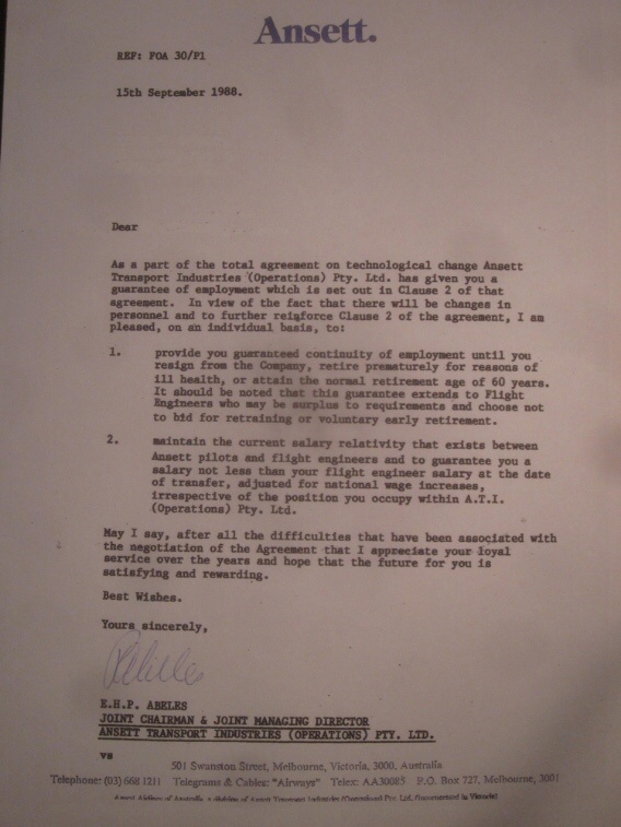 Письмо Абельса всем бортинженерам авиакомпании Ansett Australia в 1988 году, с обещаниями сохранения заработной платы на прежнем уровне, гарантиями обеспечения работой до выхода на пенсию или увольнения, и прочими благодарностями  