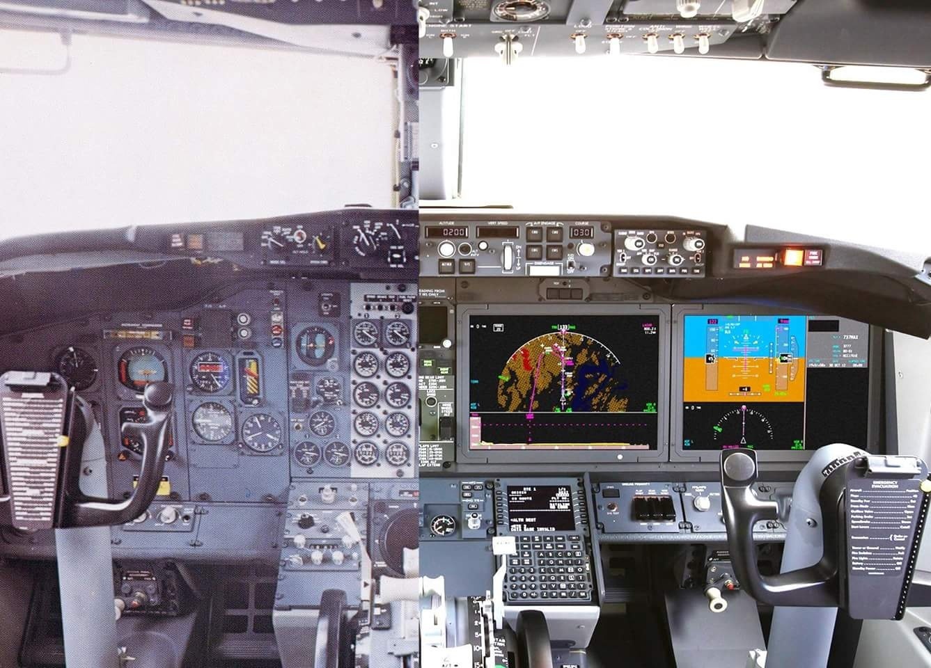 Наглядная демонстрация перехода от традиционной кабины к современной «стеклянной кабине», в качестве подопытных — слева: Boeing 737-100, справа — Boeing 737MAX  
