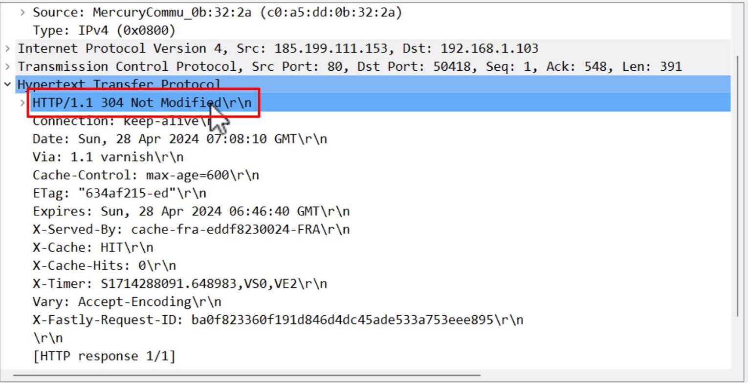 Ответ HTTP со статусом 304 Not Modified в Wireshark