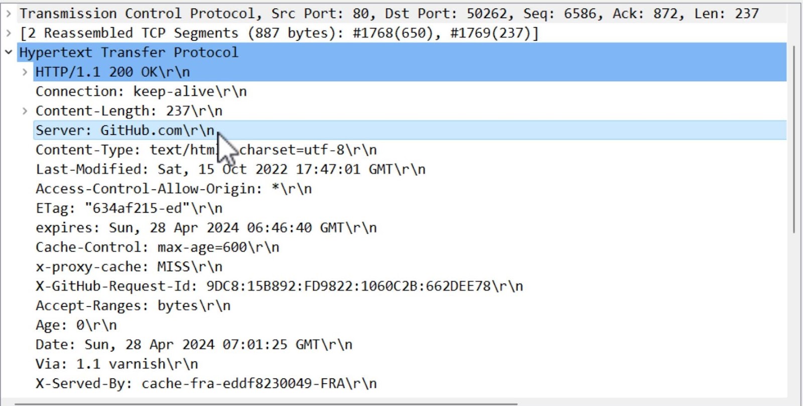 Ответ HTTP в Wireshark