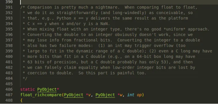 Функция float_richcompare, определяемая в файле floatobject.c — та самая, при помощи которой в CPython реализуется сравнение чисел с плавающей точкой. 