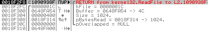Стек после срабатывания брейкпоинта на ReadFile