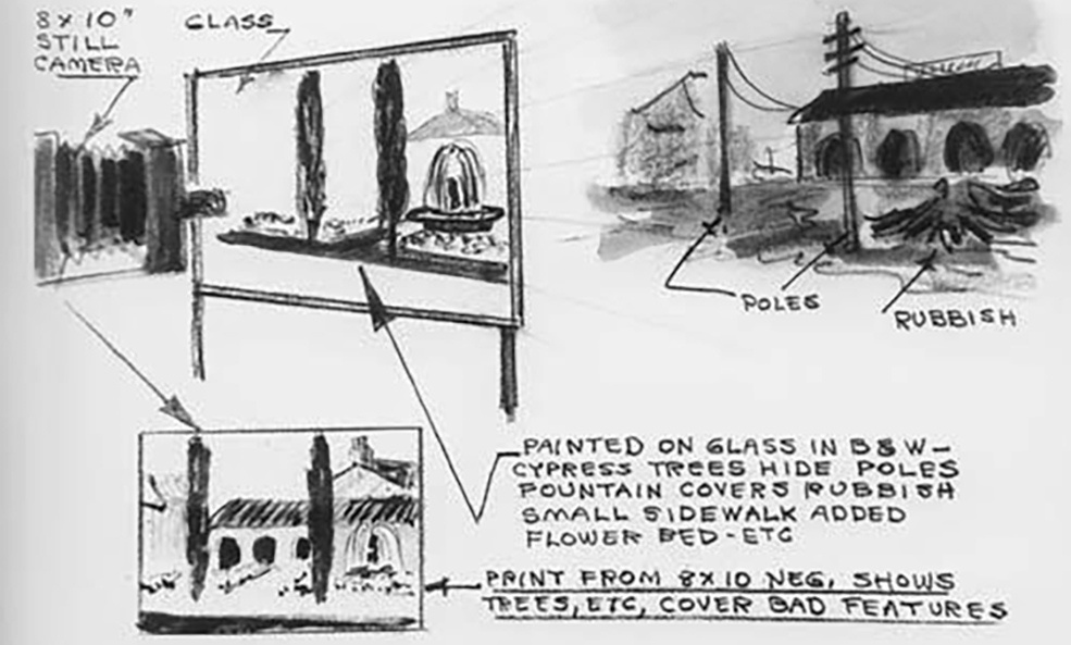 Наглядный рисунок мэтт-пейнтинга. Здесь Доун описывает свой процесс -- для кадра ему нужно было замаскировать телеграфные столбы и добавить фонтан.