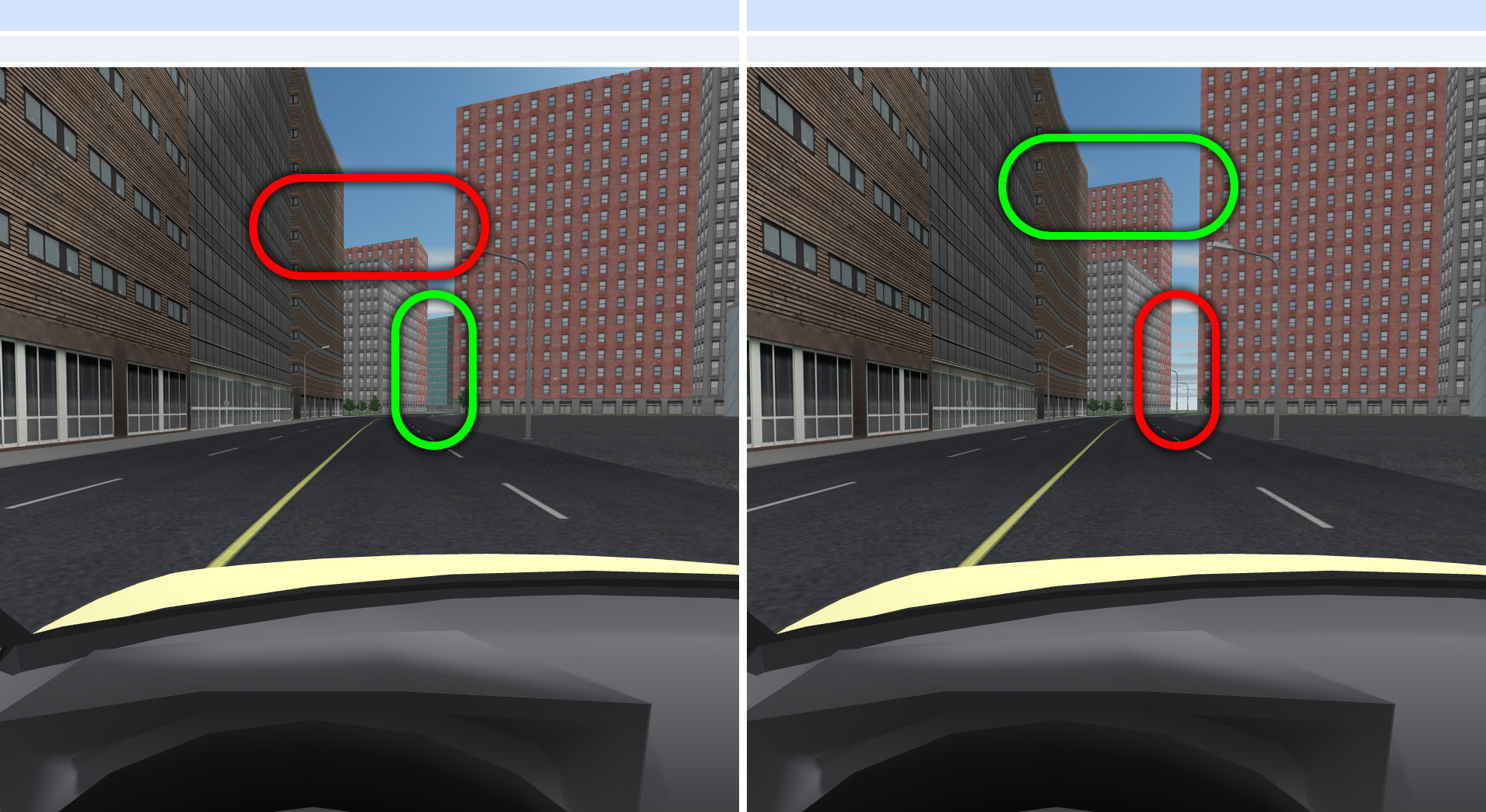 Низкая общая дальность обзора камеры и высокая дистанция прорисовки объектов слева и наоборот - справа
