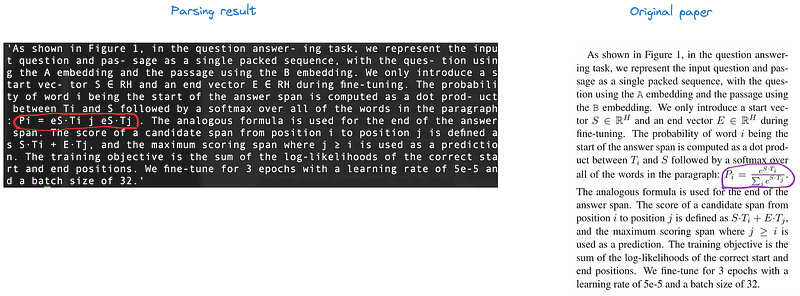 Рисунок 13: Слева показан результат парсинга абзаца на 6-й странице статьи BERT, включая формулу, выделенную красной рамкой. Справа показан оригинал статьи. Скриншот автора.