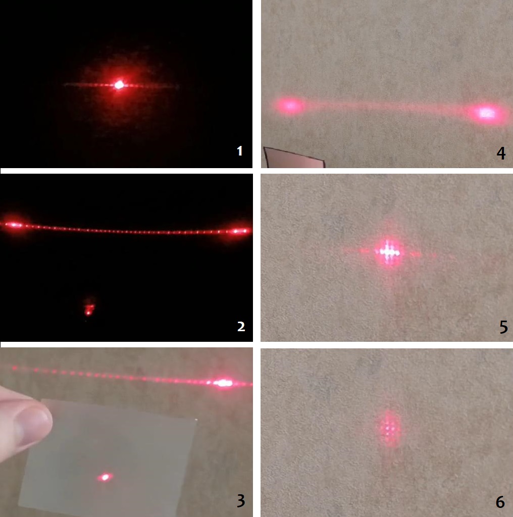 Интерференционные картины от перегороженного волосом лазера (1), полимерных плёнок из матрицы телефона (2, 3, 4) и дифракционных решёток (5, 6)