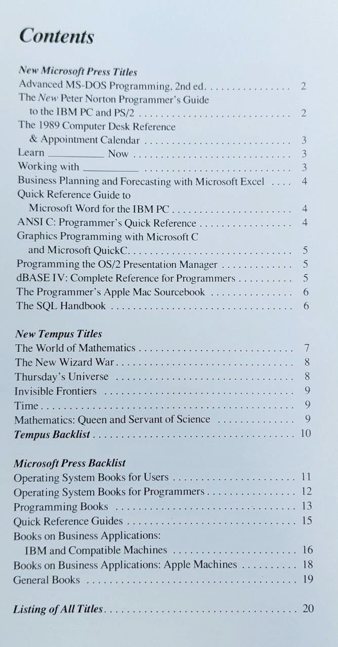 Содержание проспекта Microsoft Press за 1988–89