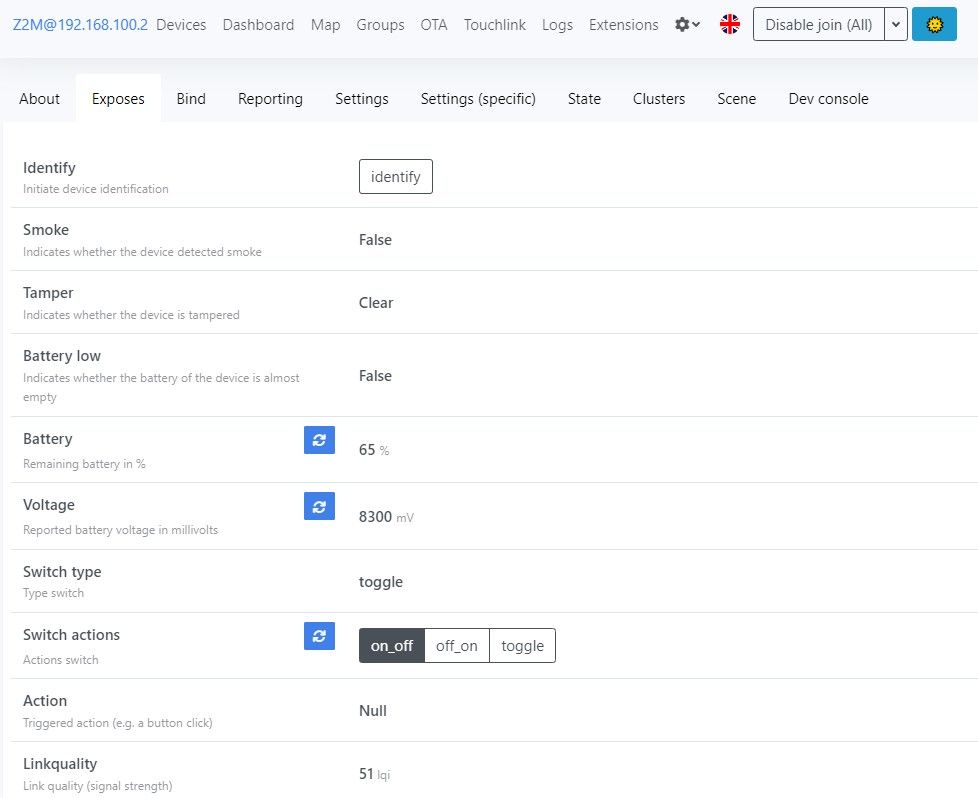 Вкладка Exposes в Web-интерфейсе zigbee2mqtt
