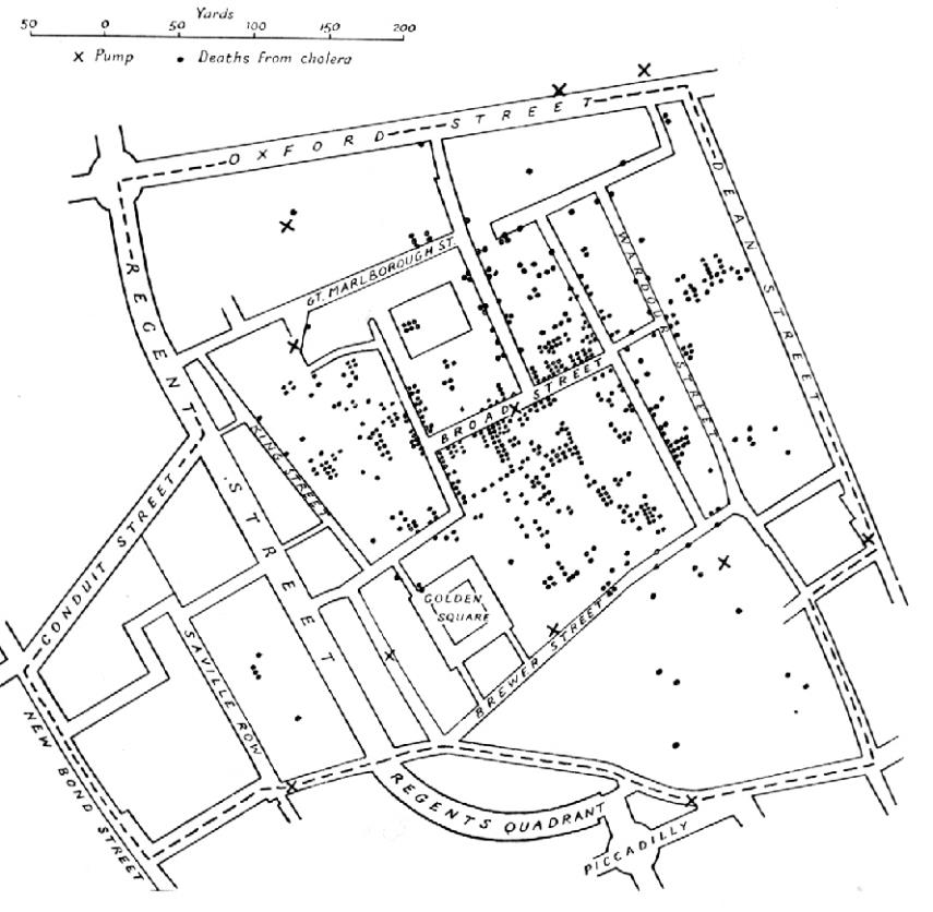 Карта заболевания холерой, Джон Сноу, 1854 г.