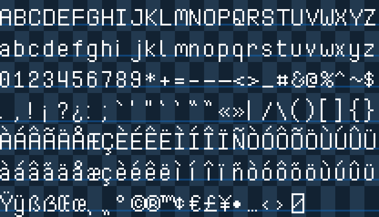 A grid of characters for a pixel font