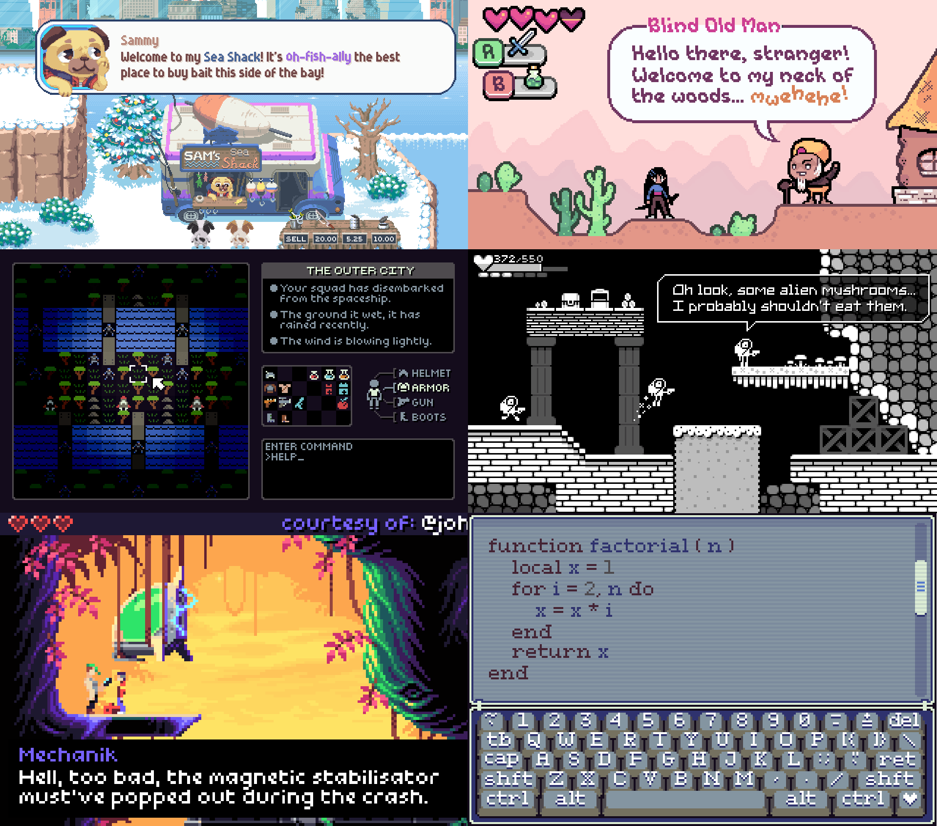 Screenshots and mockups of various games using the pixel fonts