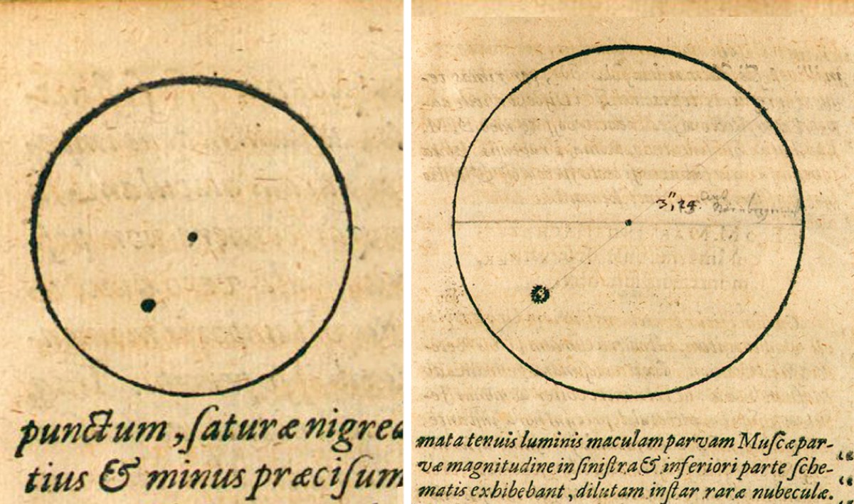  Самый ранний из датированных рисунков солнечных пятен, основанный на наблюдениях Кеплера за Солнцем с помощью камеры-обскуры в мае 1607 года. 