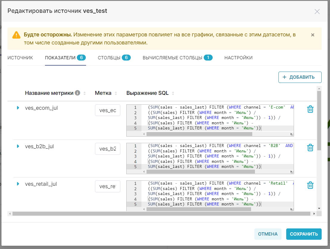   (SUM(sales - sales_last) FILTER (WHERE channel='E-com'  AND month='Июль') *   ((SUM(sales) FILTER (WHERE month='Июль') /   SUM(sales_last) FILTER (WHERE month='Июль')) - 1)) /   (SUM(sales) FILTER (WHERE month='Июль') -   SUM(sales_last) FILTER (WHERE month='Июль'))  