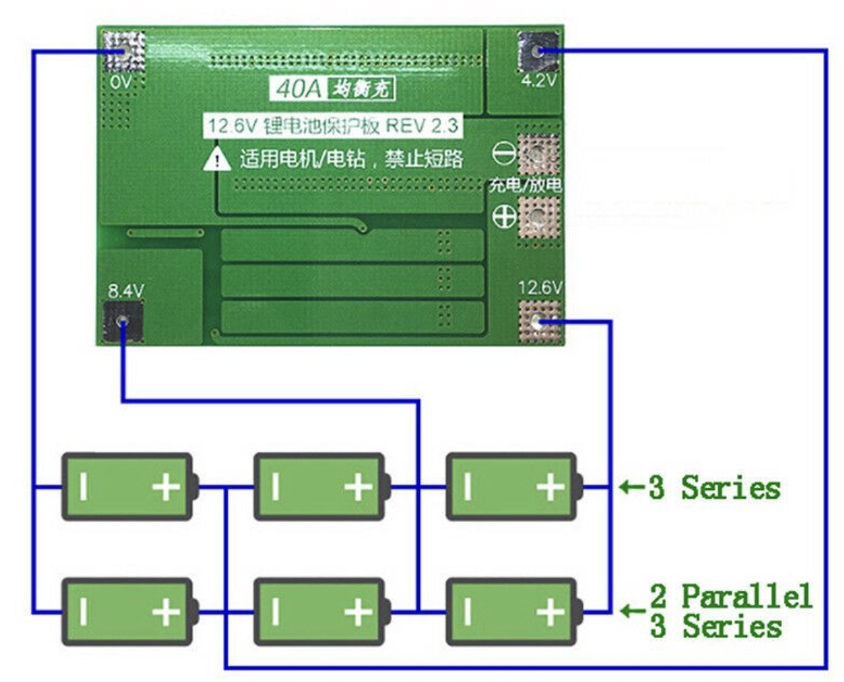 Схема сборки батареи: BMS-контроллер 3S и высокотоковые аккумуляторные батареи. Источник