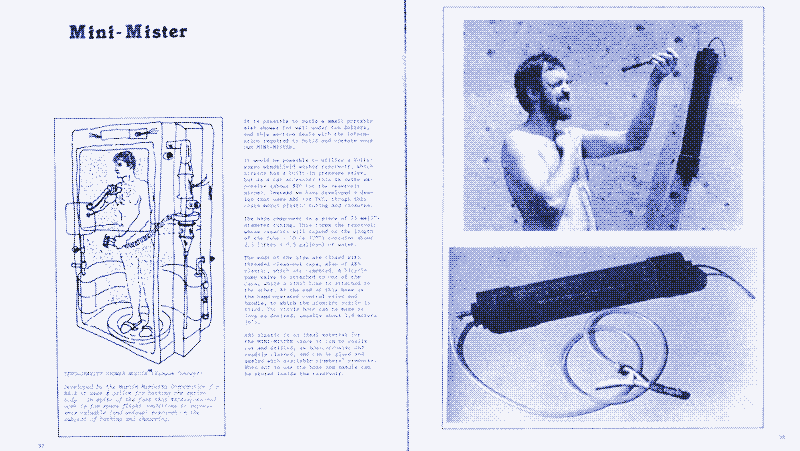 Слева: Туманный душ, разработанный NASA. Справа: Туманный душ, разработанный Canadian Minimum Housing Group. Оба из 1970-х годов.