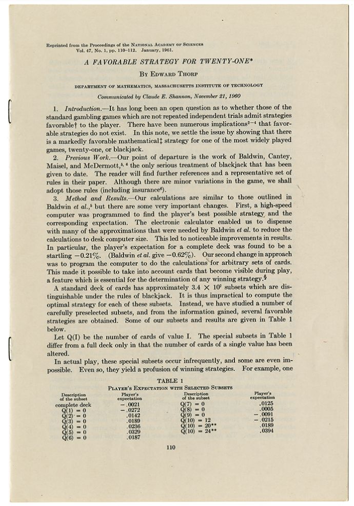 Та самая статья Торпа в журнале Национальной академии наук США. По настоянию профессора, Эд сменил дерзкое название «Выигрышная стратегия для блэкджека» на более скромное «Благоприятная стратегия для 21»  