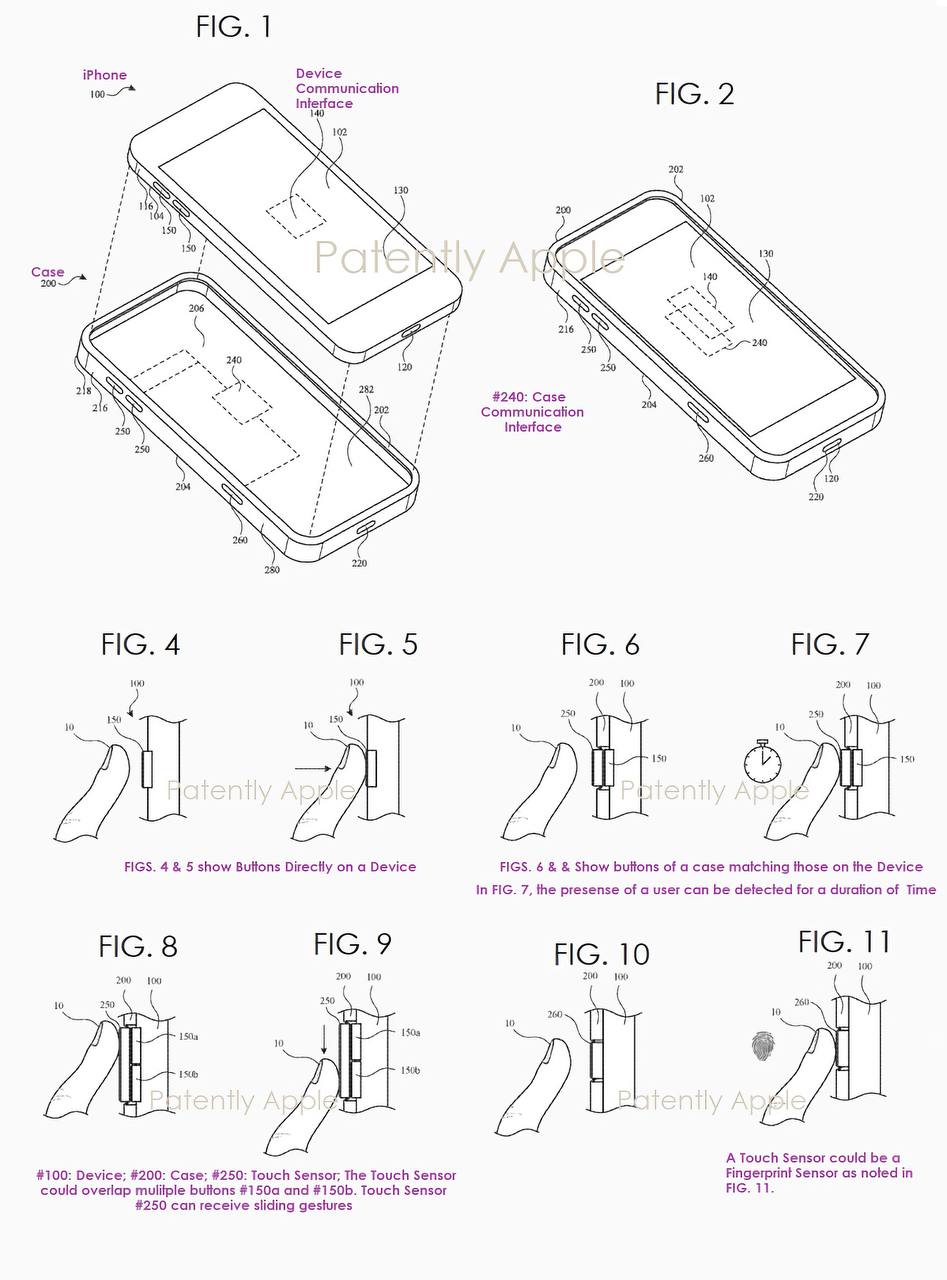 Патент Apple на чехол для iPhone со встроенными кнопками, использующими специализированные датчики, которые могут распознавать жесты (© Patently Apple)