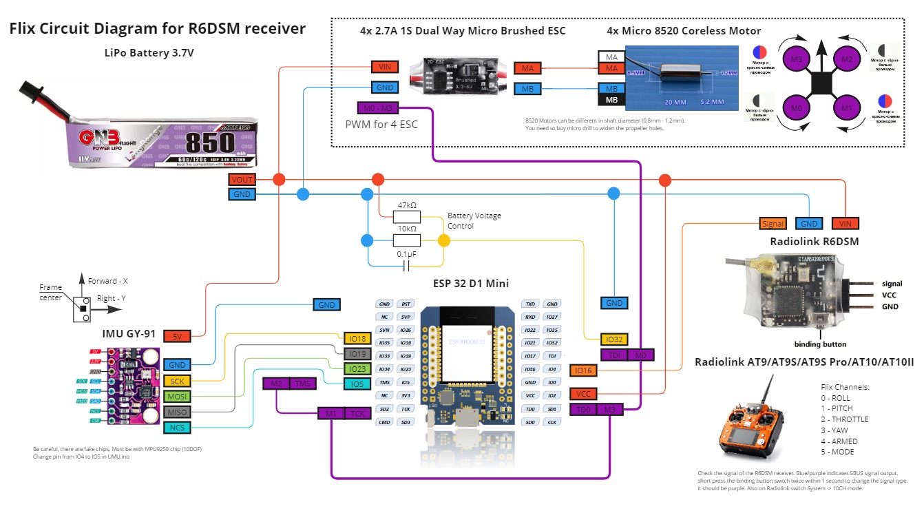 Принципиальная схема для сборки квадрокоптерас радиоаппаратурой совместимой с Radiolink AT10(Ссылка в Miro)