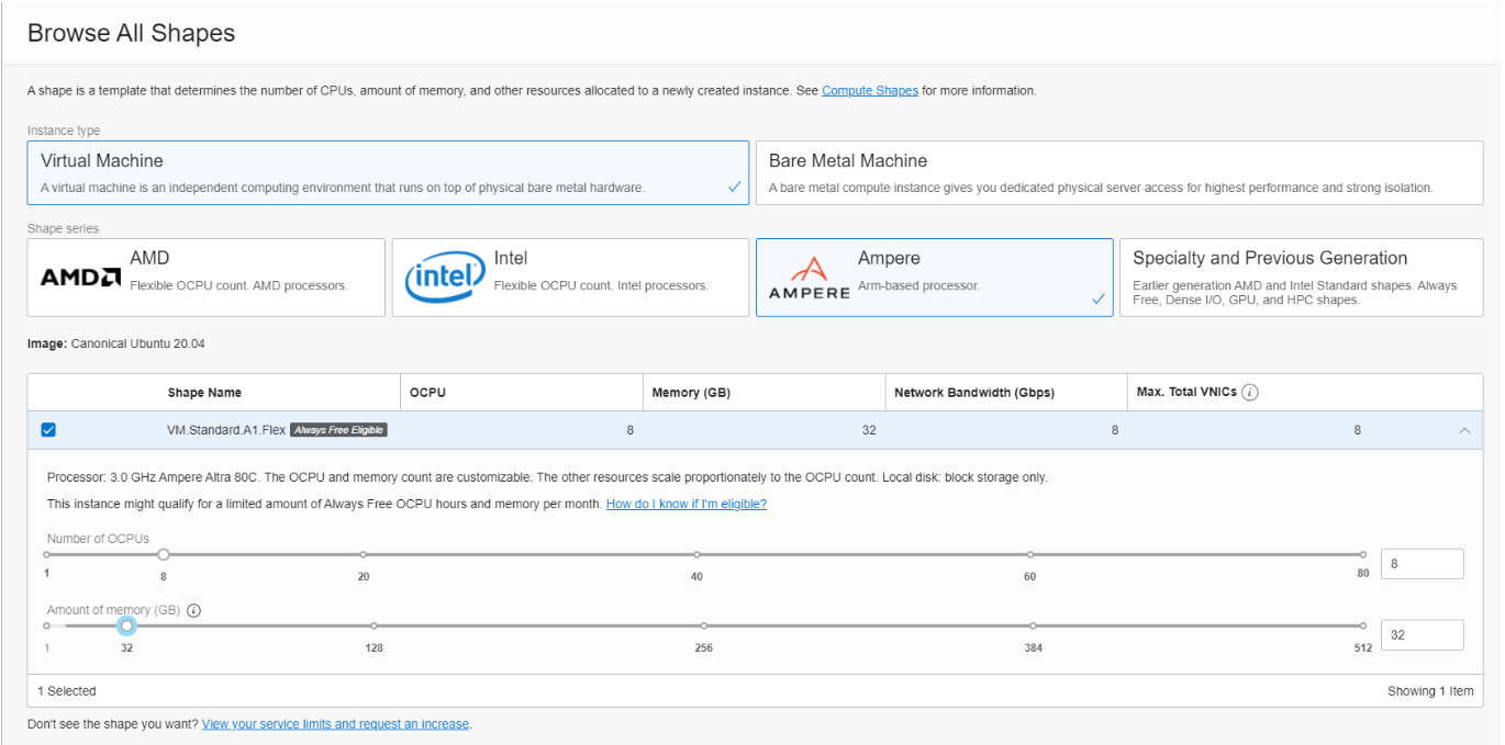 Интерфейс конфигурирования VM на базе Oracle OCI Ampere