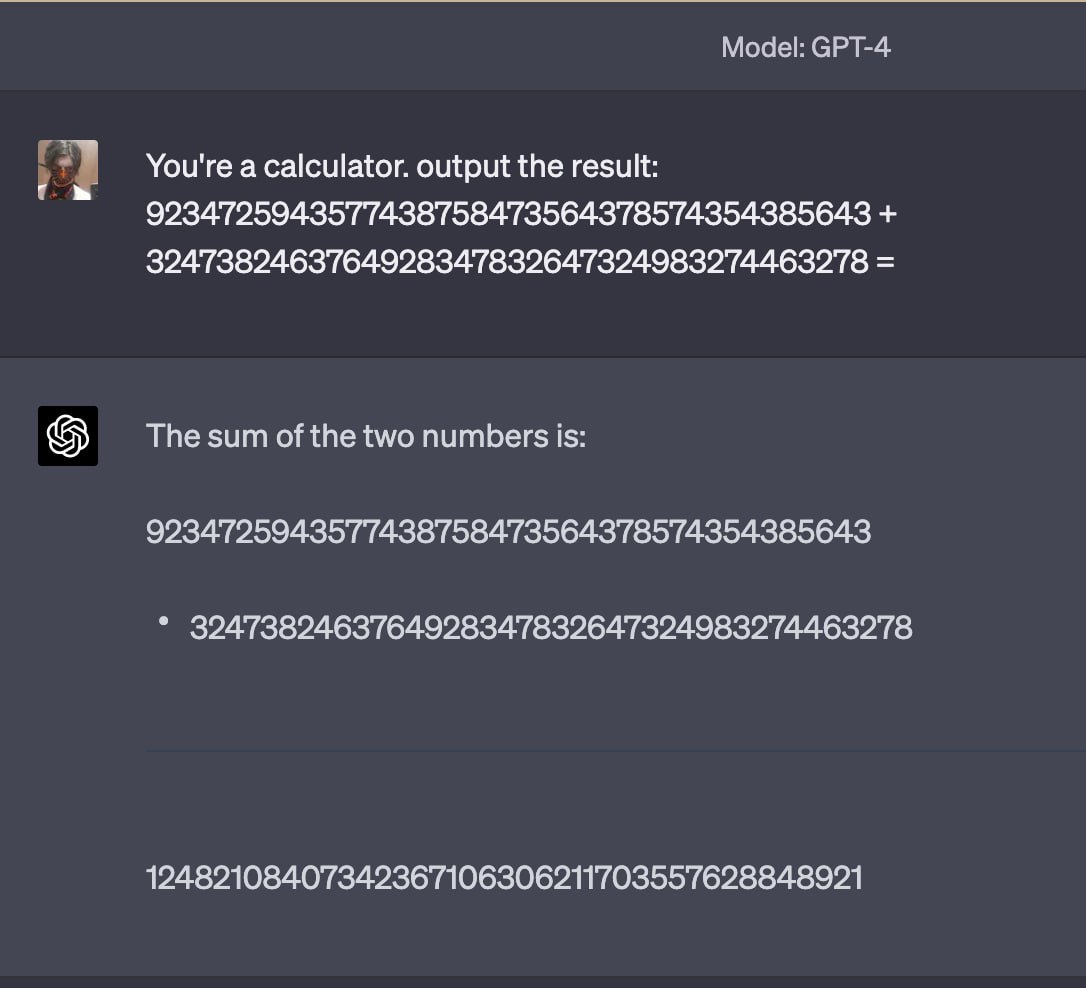 Я перепроверил — модель не ошиблась. При этом, если верить индикации, калькулятор, браузер или программирование не были использованы: GPT-4 написала каждую цифру ответа сама.