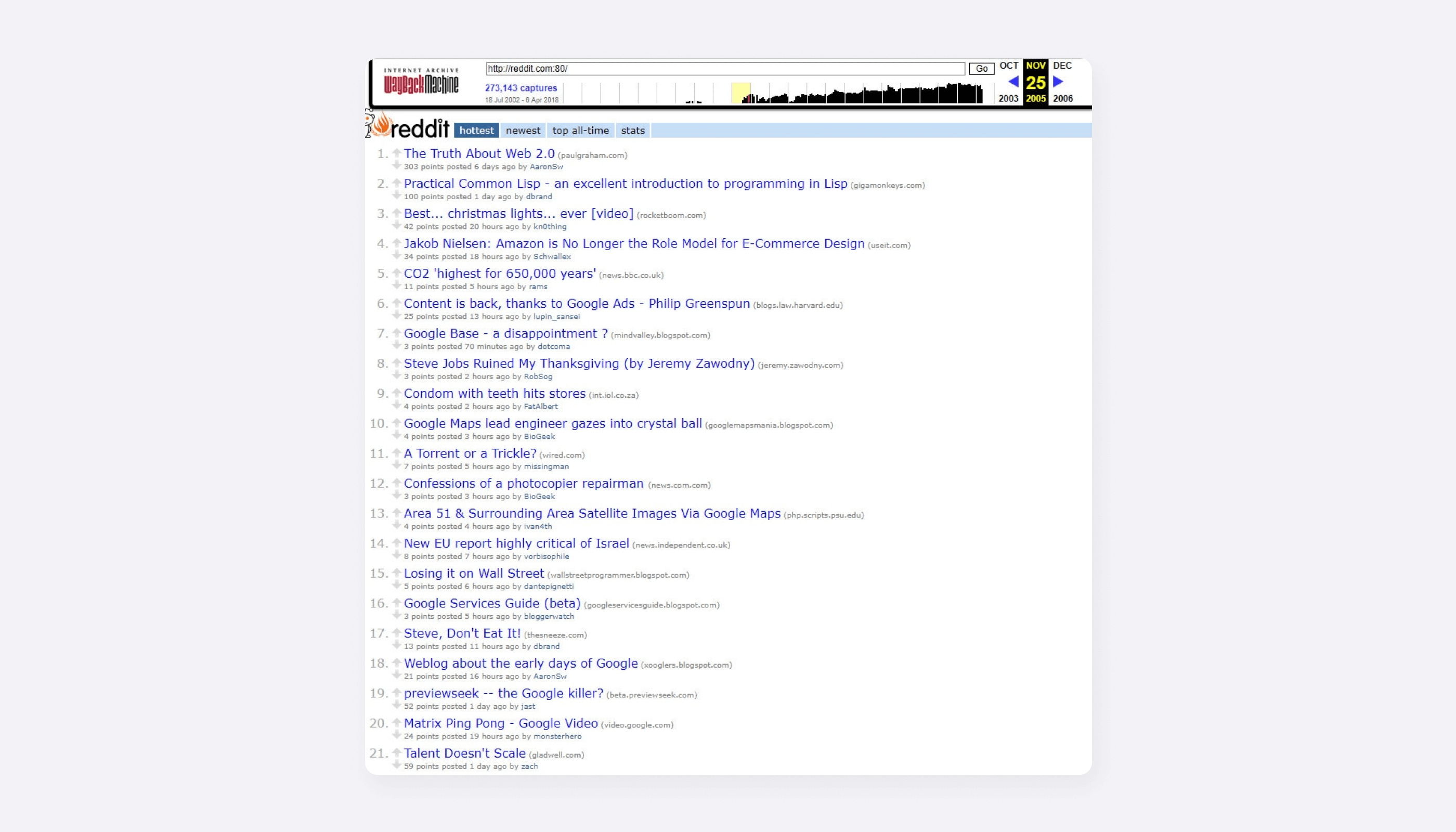 Так выглядела главная страница Reddit от 25 ноября 2005 года. Девятый пункт особенно хорош. Источник: Tech.Onliner