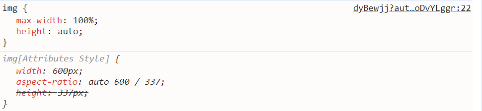 Отображается правило с селектором по атрибуту. В нем добавлено свойство aspect-ratio. Значение auto 600 / 337